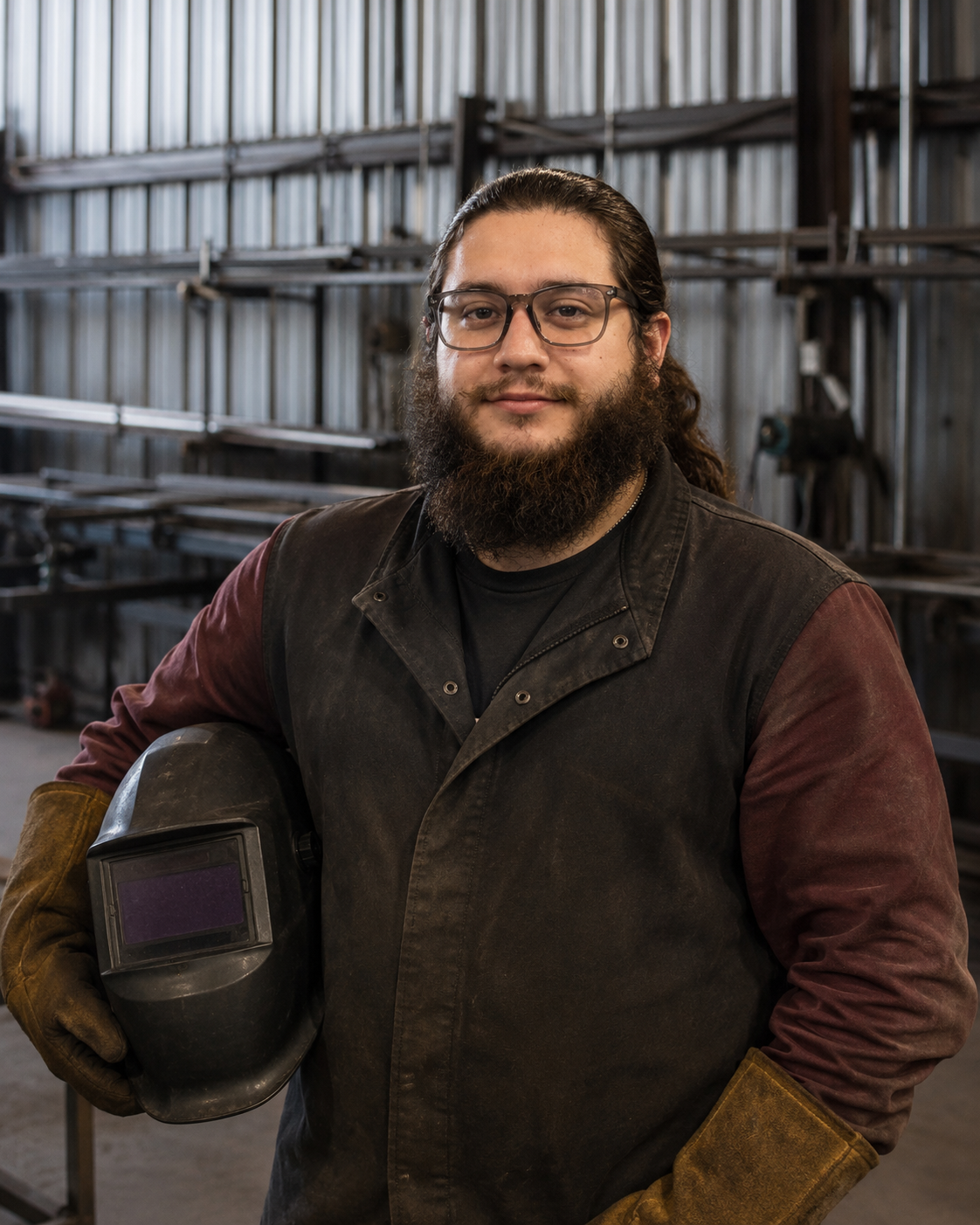 Christopher Laurent wearing welding protective gear in a professional workshop